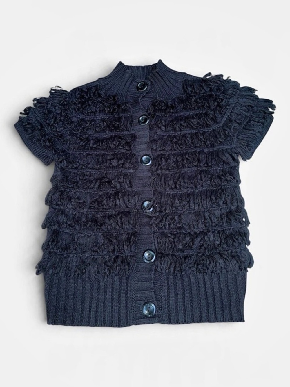 Tru Self Shag Fringe Knit Short Sleeve Cardigan Sweater in Black Sz Med
